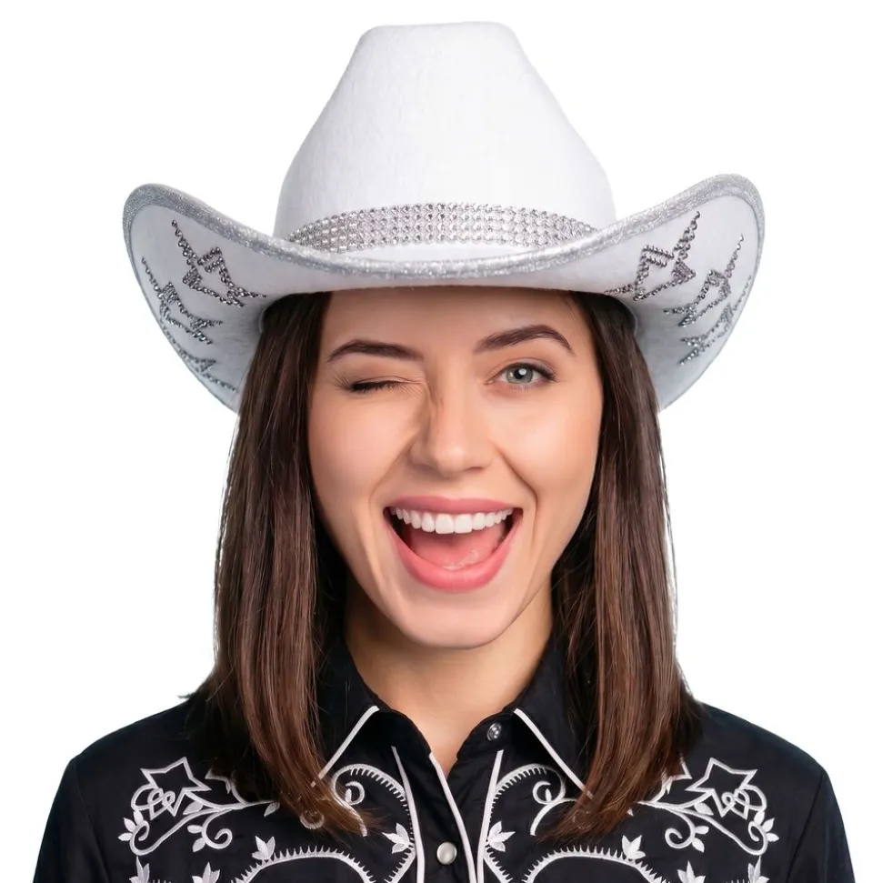 Cowboyhatt med strass-stjerner Hvit