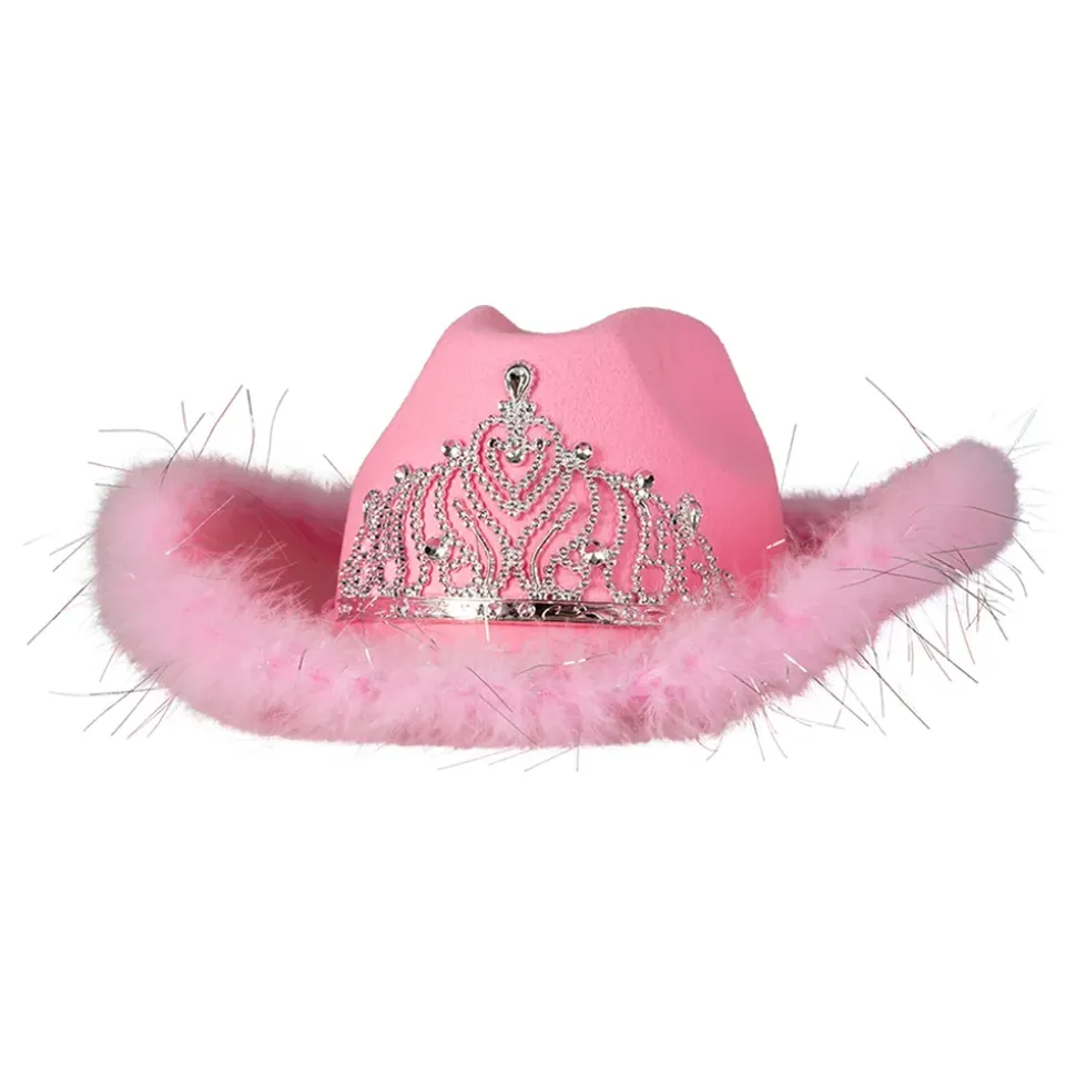 Cowboyhatt rosa med sølvtiara