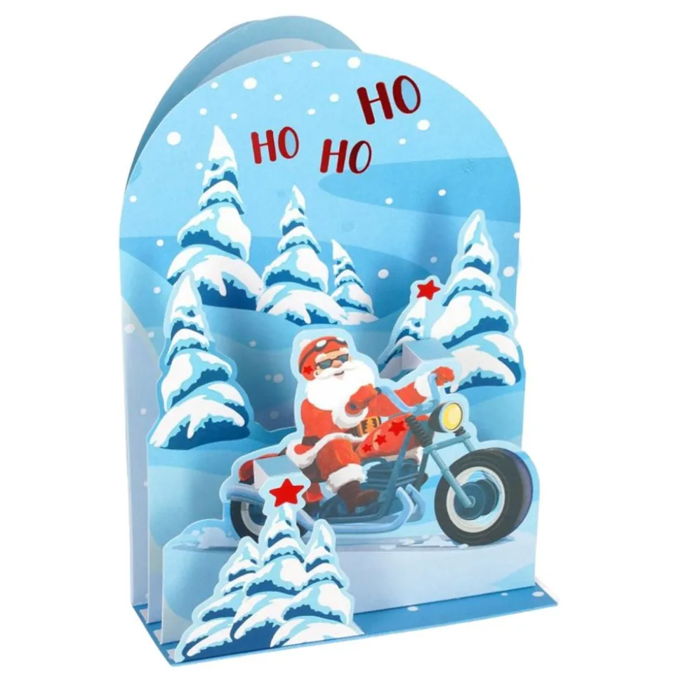 Julekort Pop-Up Nisse på Motorsykkel