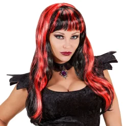 Lang Svart/Rød Halloween Parykk