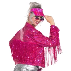 Paljettjakke med frynser Neonrosa