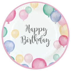 Papptallerkener Happy Birthday Pastell