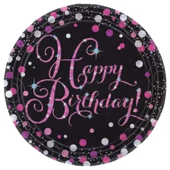 Papptallerkener Happy Birthday Svart/Rosa Glitter