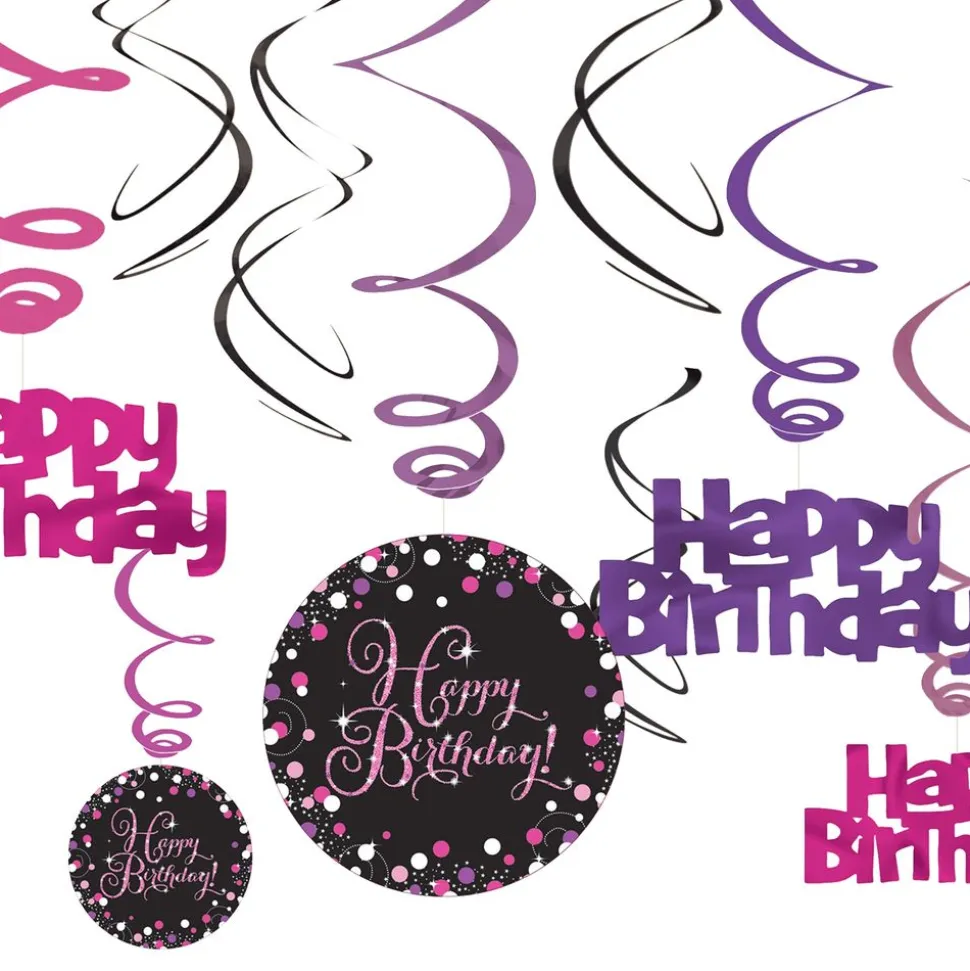 Swirls Happy Birthday Svart/Rosa Glitter